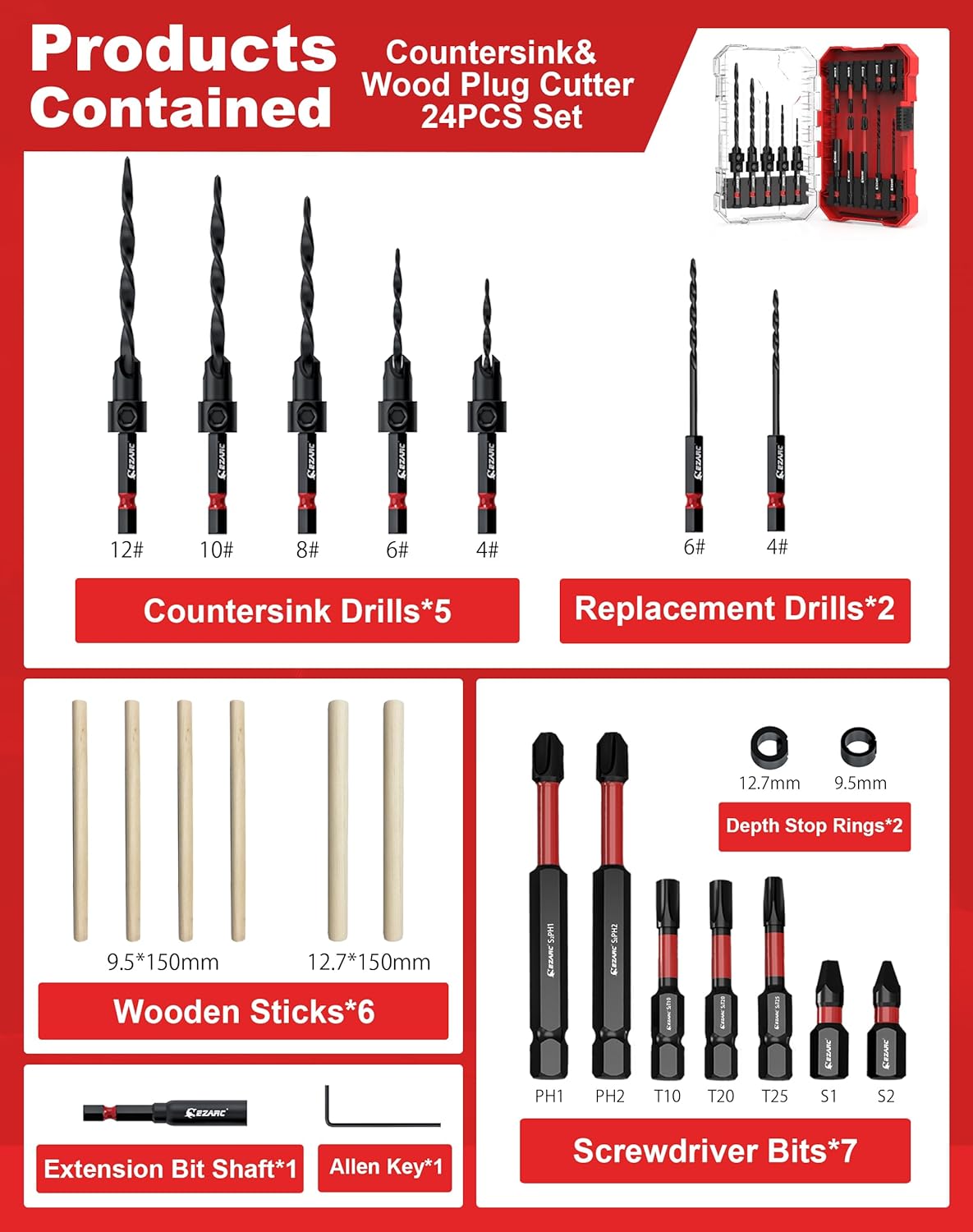 15/24PCS Countersink Drill Bit Set with Storage Box - EZARC Tools