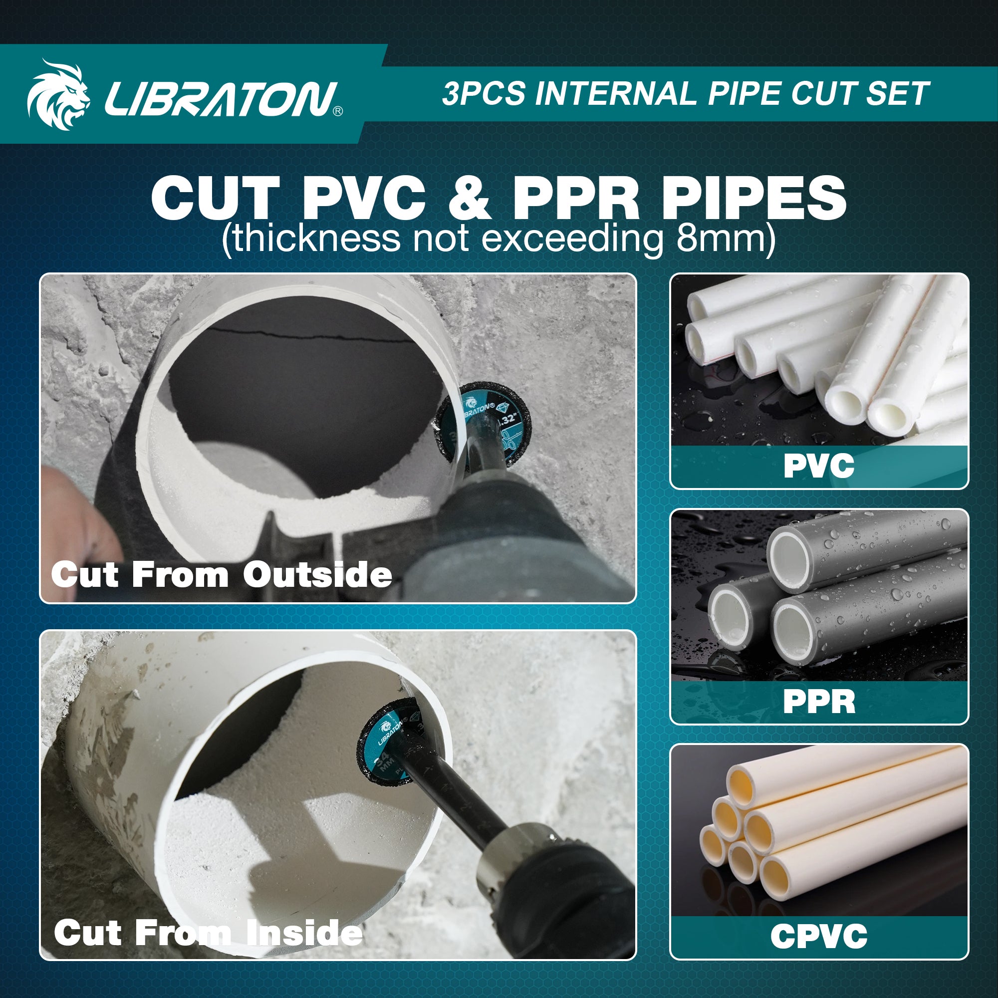 Libraton Inside Pipe Cutter for PVC, Internal Plumbing Tool Kit with Deburring Tool