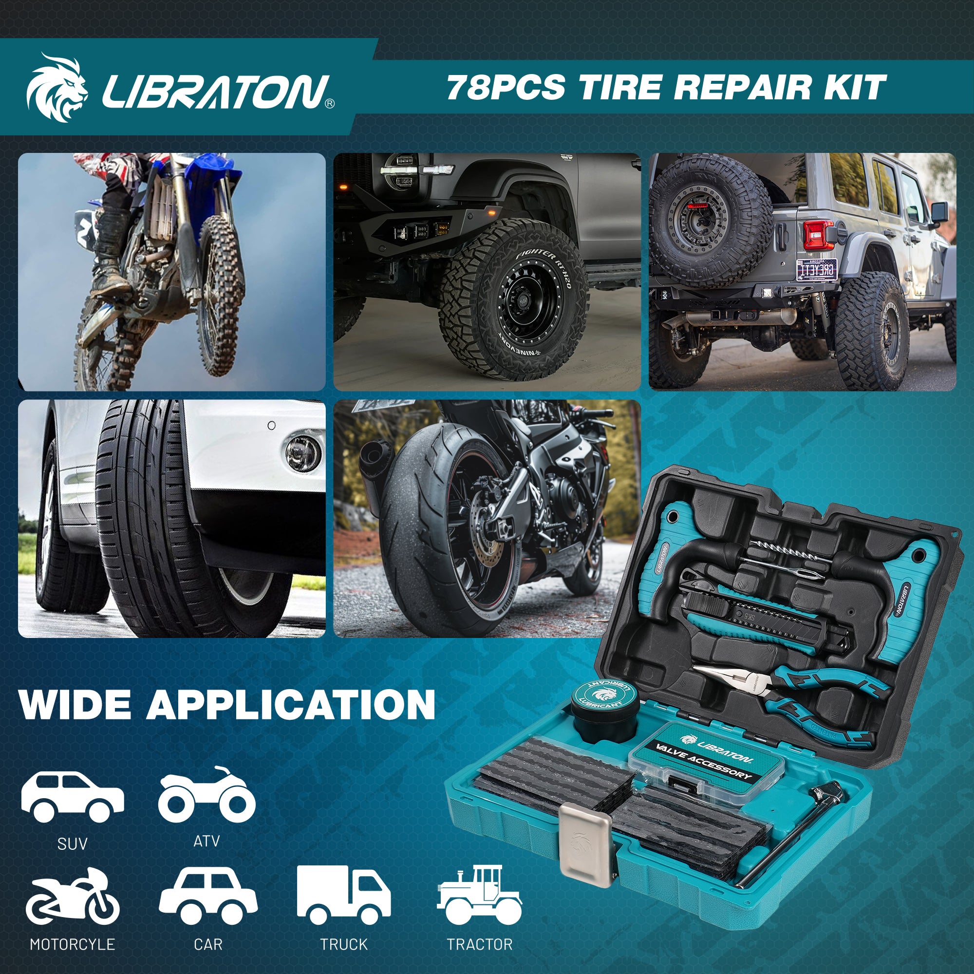 LIBRATON Tire Plug Kit, 78PCS Tire Repair Kit, Professional Tire Patch Kit