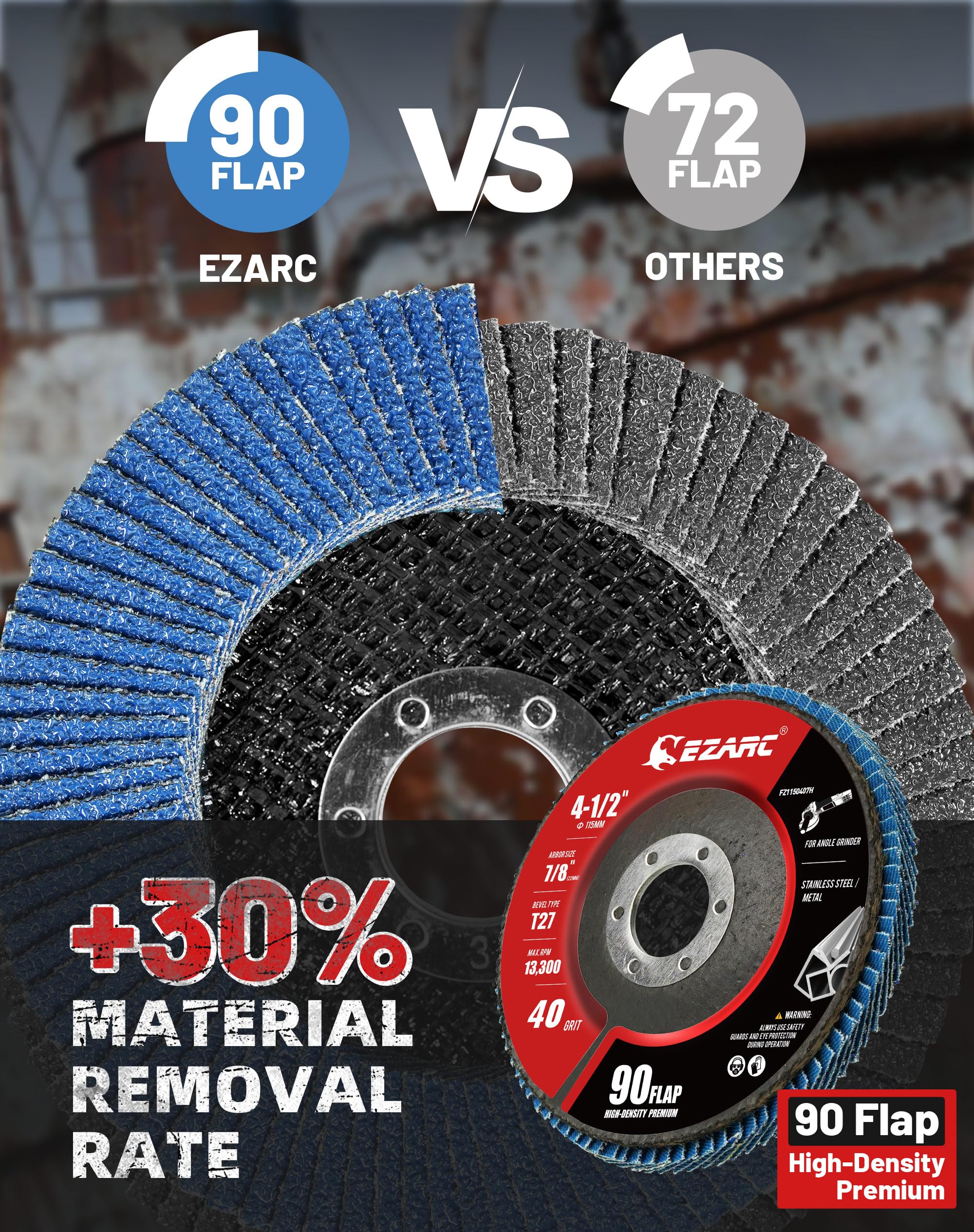 4-1/2 In. T27 High Density Flap Discs for Angle Grinder, Zirconia Sanding, Grinding & Rust Removal