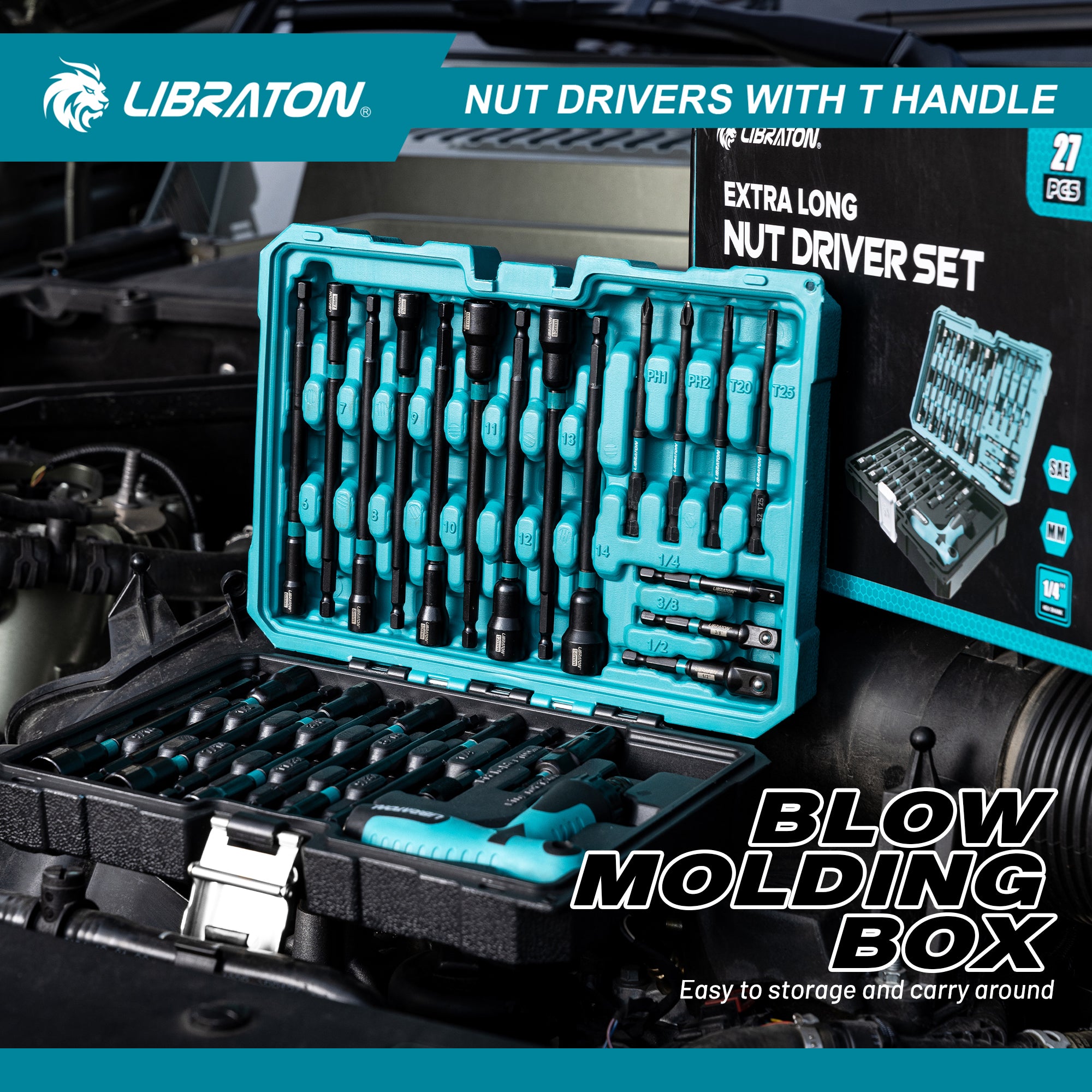 LIBRATON 27-Piece Magnetic Nut Driver Kit – SAE & Metric, Ratcheting T-Handle, Impact-Ready
