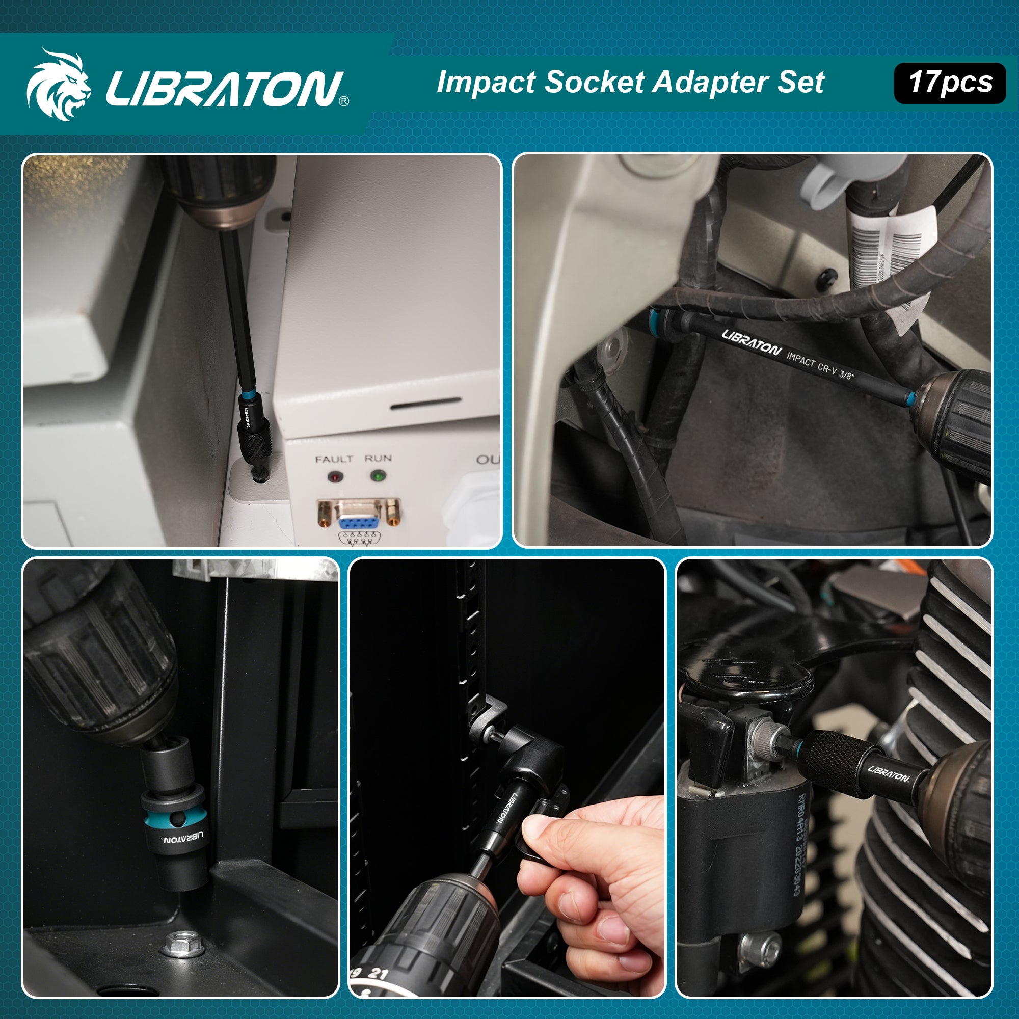 LIBRATON 17PCS Impact Socket Adapter Set | 1/4", 3/8", 1/2" Drive Adapters with Quick Release Holder & Extension Accessories