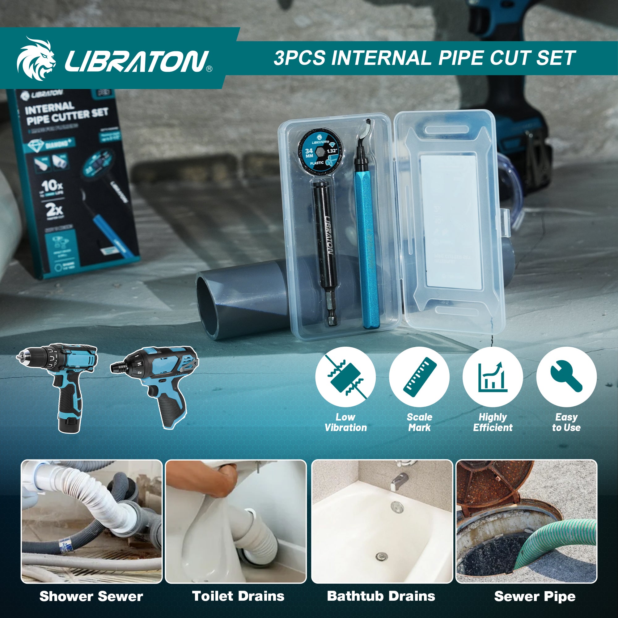 Libraton Inside Pipe Cutter for PVC, Internal Plumbing Tool Kit with Deburring Tool
