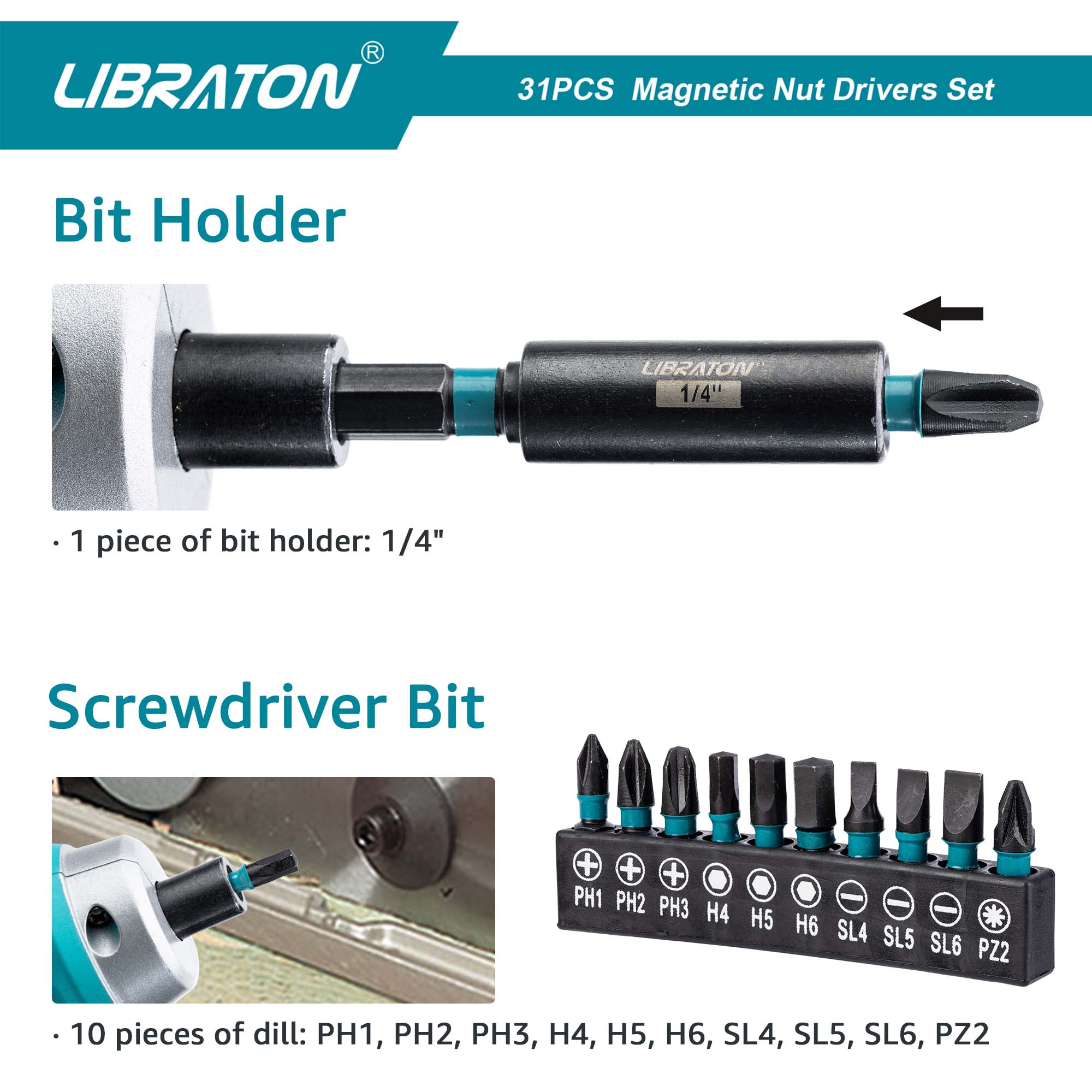 Libraton 31PCS Magnetic Nut Driver & Impact Bit Set, Metric & SAE