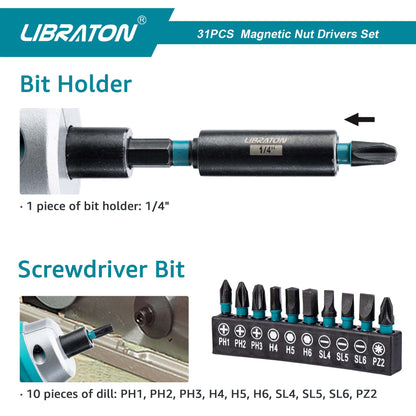 Libraton 31PCS Magnetic Nut Driver & Impact Bit Set, Metric & SAE