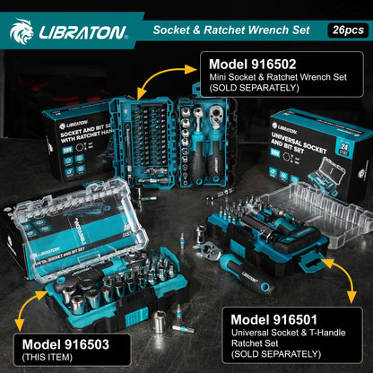 Libraton 26PCS 1/4" Drive Mini Socket & Ratchet Wrench Set with Bits