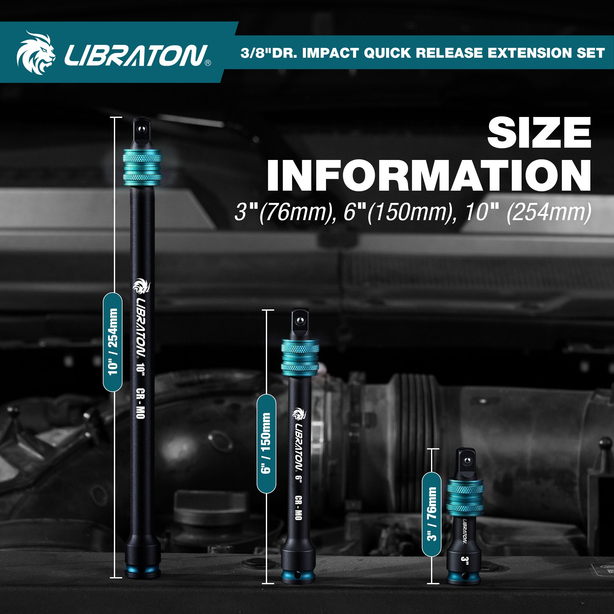LIBRATON 3/8" Drive Locking Impact Extension Bar Set | 3-Piece Quick Release Socket Extensions