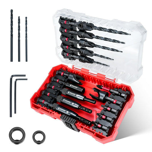 EZARC 22PCS Self-Centering Countersink Drill Bit Set with Wood Plug Cutters (1/4" Hex Shank)