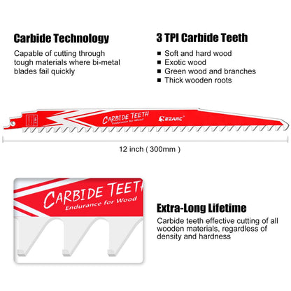 3tpi,9/12 in. Carbide Reciprocating Saw Blade For Hard Wood - EZARC Tools