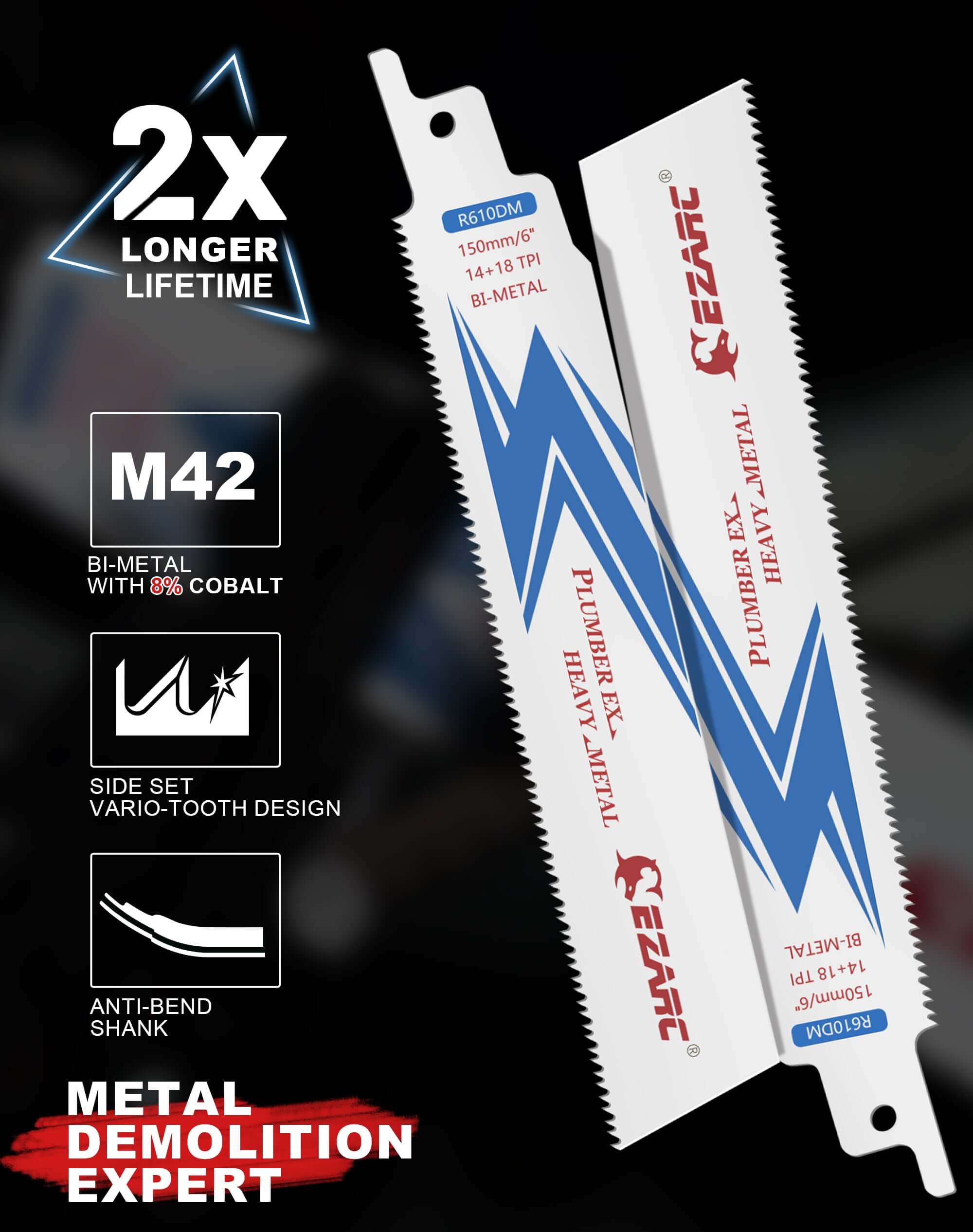 EZARC 6-Inch Bi-Metal Reciprocating Saw Blades - 14+18 TPI For Steel Demolition (5-Pack)