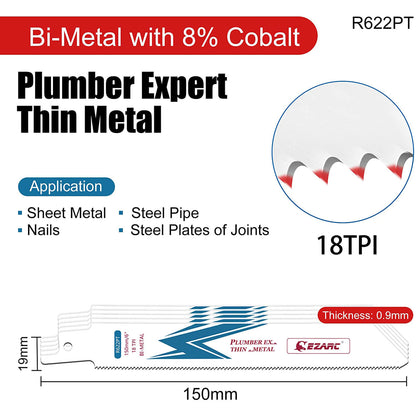 18tpi,6/9 in. Bi-Metal Reciprocating Saw Blade For Thin Metal Cutting - EZARC Tools
