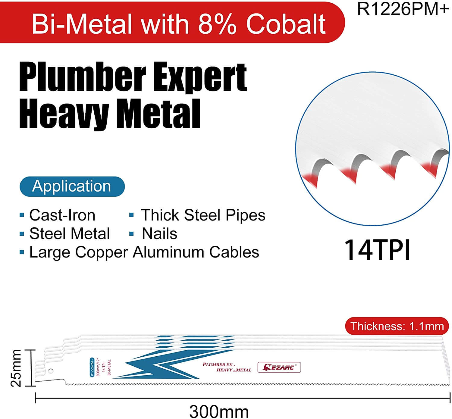 14tpi,6/9/12 in. Bi-Metal Reciprocating Saw Blade For Heavy Metal Cutting