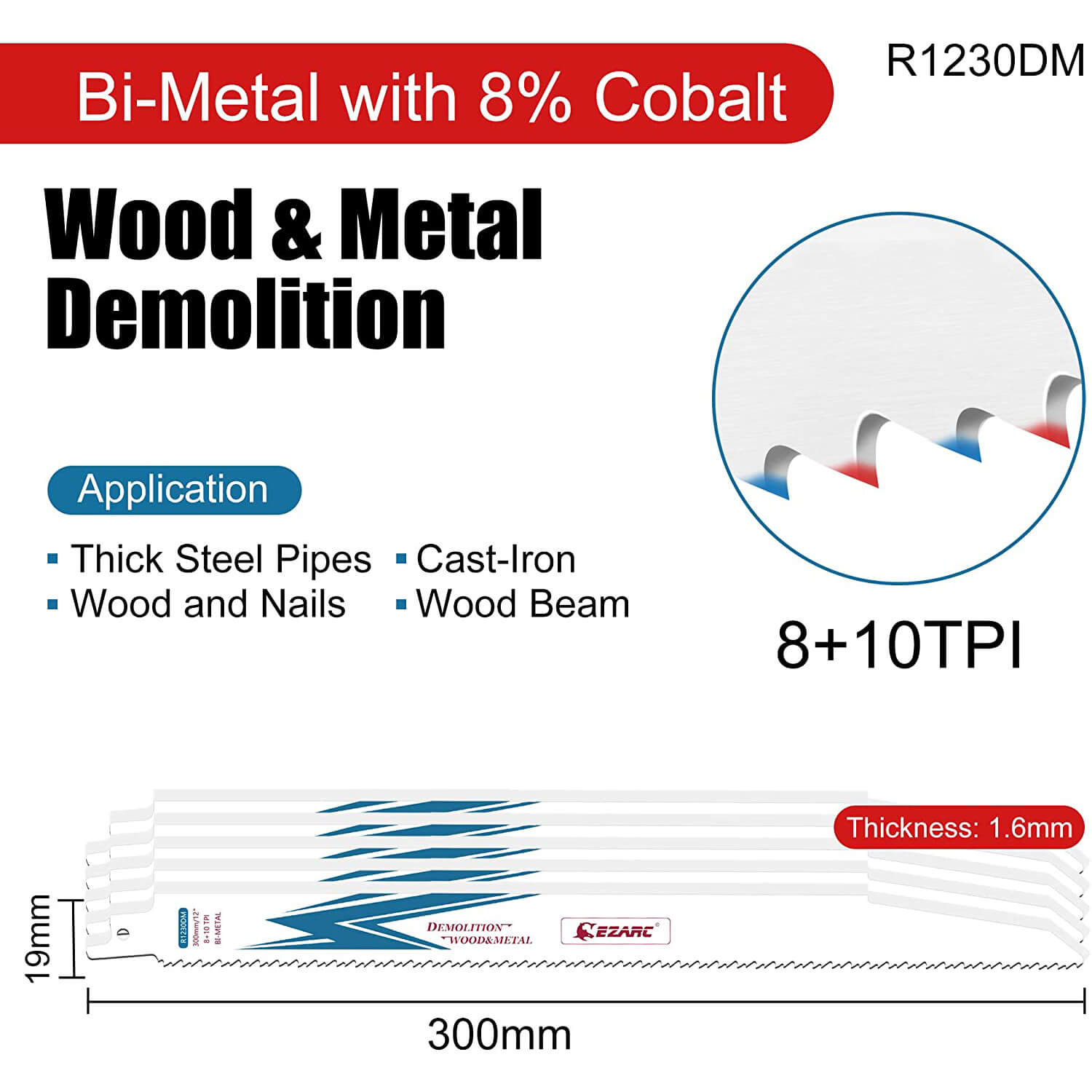8+10tpi,6/9/12 in. Bi-Metal Reciprocating Saw Blade For Wood/Metal Demolition