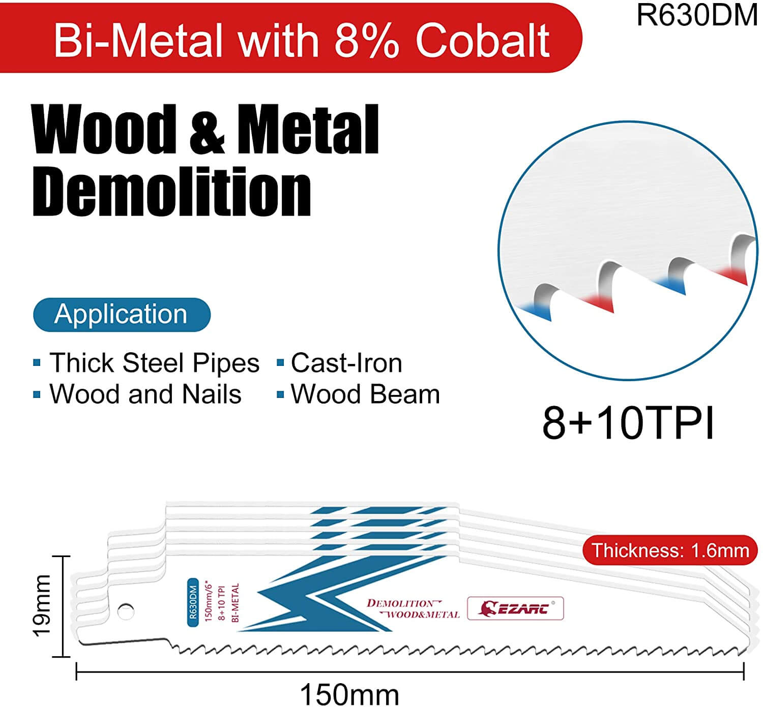 8+10tpi,6/9/12 in. Bi-Metal Reciprocating Saw Blade For Wood/Metal Demolition