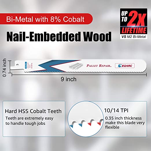 10/14tpi,9 in. Bi-Metal Reciprocating Saw Blade Set For Pallet Dismantling