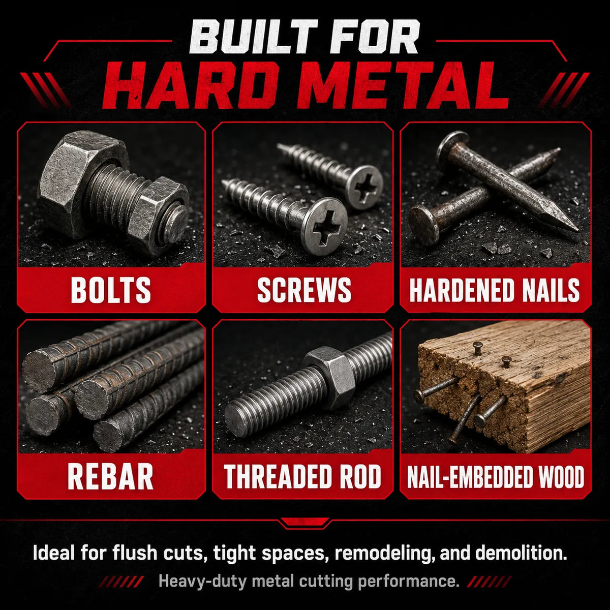 Bolts, screws, hardened nails, rebar, threaded rod, and nail-embedded wood shown. Built for hard metal.