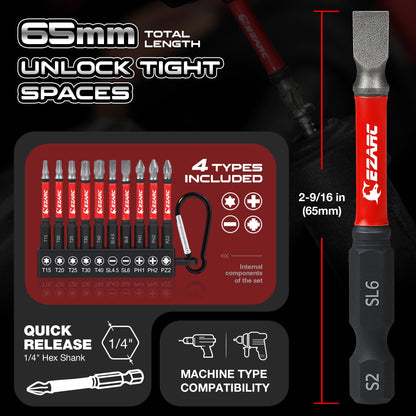 Diamond Tip Screwdriver Bit Set, Anti-Slip Magnetic 65mm Torx, Phillips, Pozidriv & Slotted Bits, S2 Alloy Steel, 1/4" Hex Shank for Impact Driver and Power Drill, 10-Piece