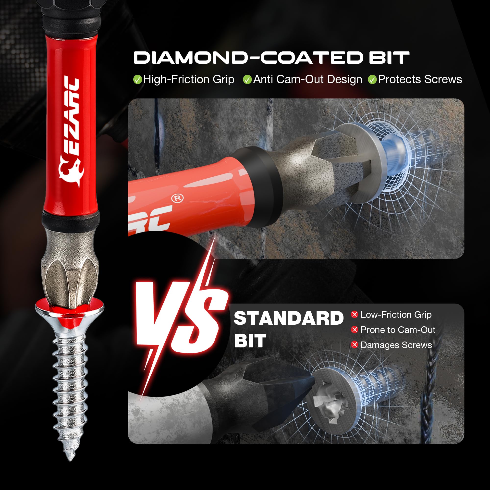 Diamond Tip Screwdriver Bit Set, Anti-Slip Magnetic 65mm Torx, Phillips, Pozidriv & Slotted Bits, S2 Alloy Steel, 1/4" Hex Shank for Impact Driver and Power Drill, 10-Piece