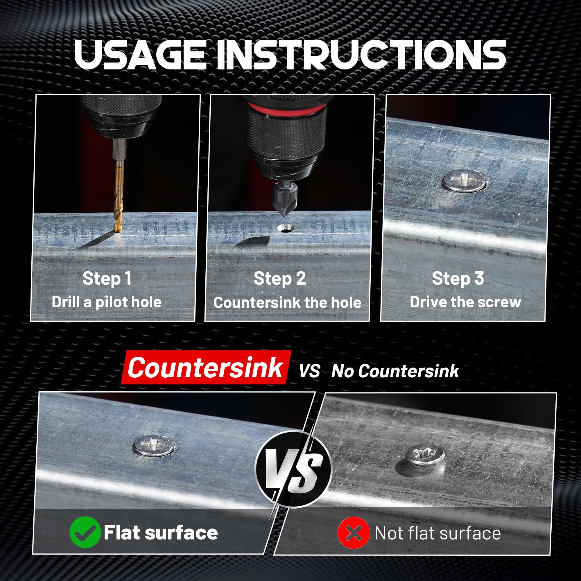 Countersink Drill Bit Set for Hard Metal, TiAlN Coated 82° 5-Flute Counter Sink Bits with 1/4" Hex Shank, 1/4" to 3/4", 5-Piece