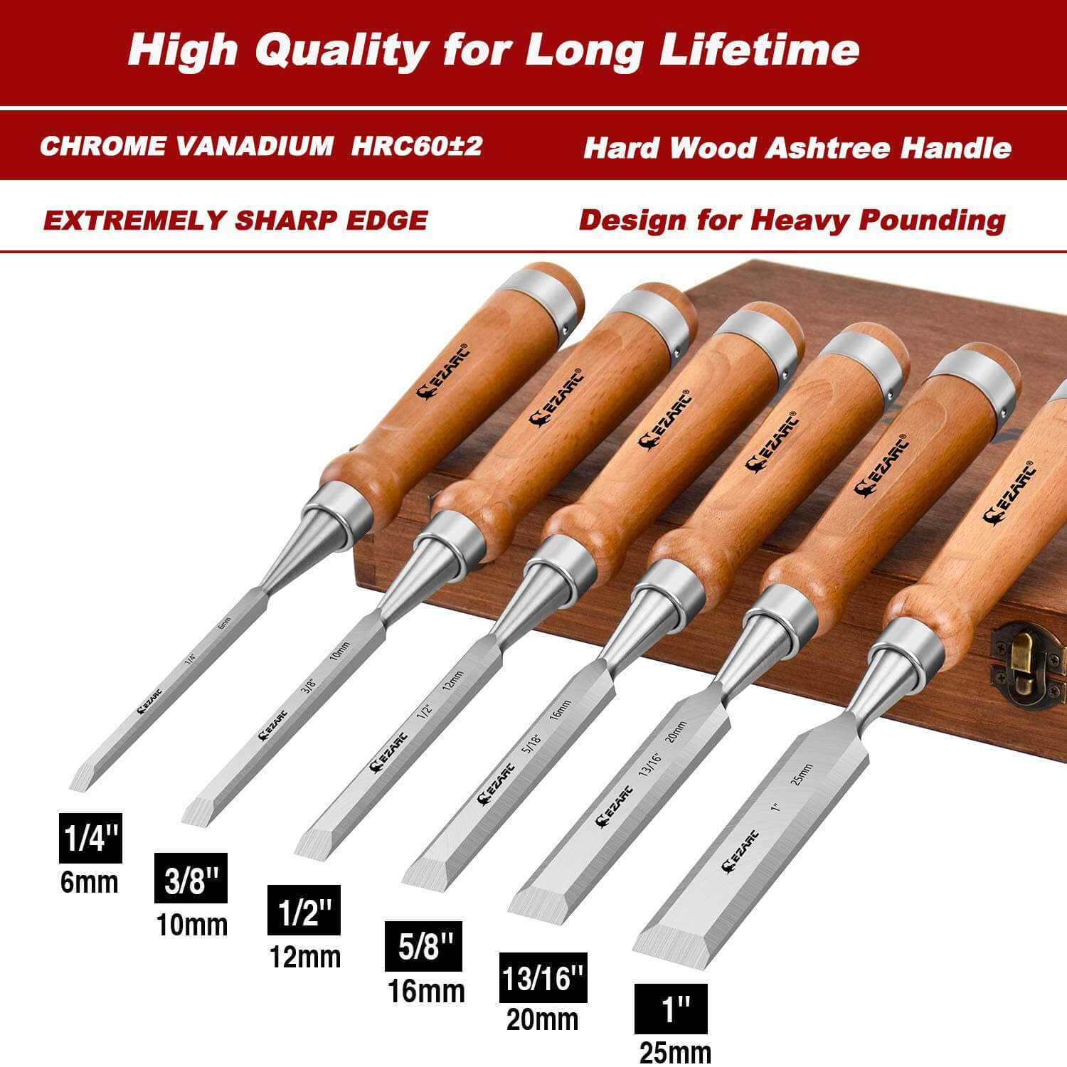 Wood Chisel Set,Bevel Edge Chisel with Wood Handle and Protective  Cover,Woodworking Carving Heavy Duty Hand Tools(Set of 7 Pieces) 