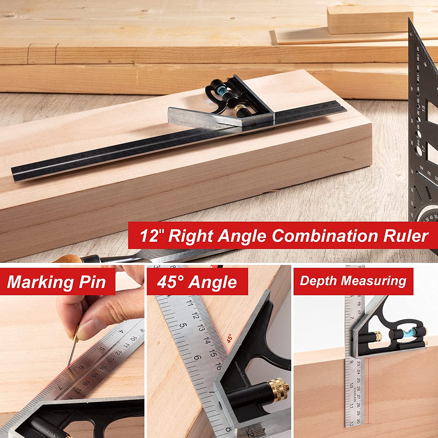 EZARC Combination Square Ruler Set(3D Mitre Angle Measuring Template & Woodworking Square Ruler Combo)