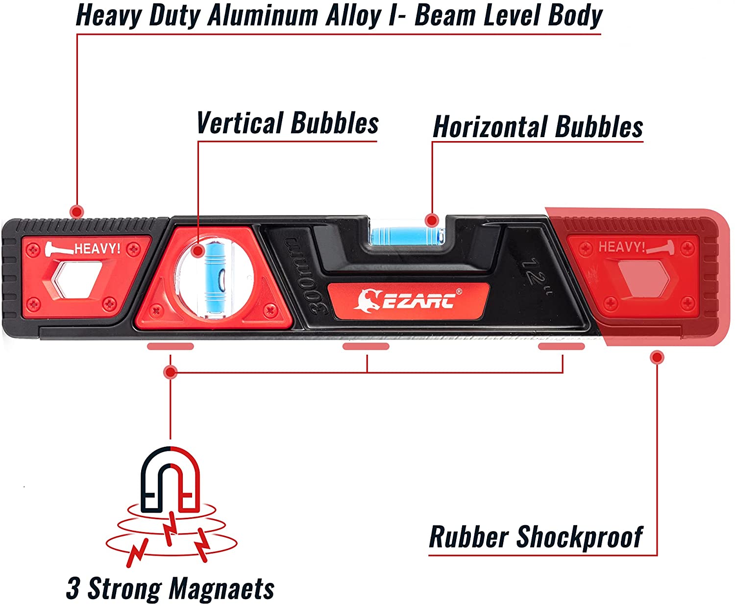 EZARC Heavy Duty Magnetic Torpedo Level 12-Inch, Aluminum Die-Cast Construction Spirit Level Measuring Tool